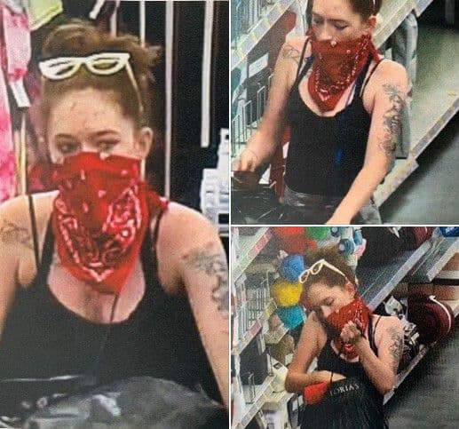 Store camera views showing a red bandana, white sunglasses, and a black top